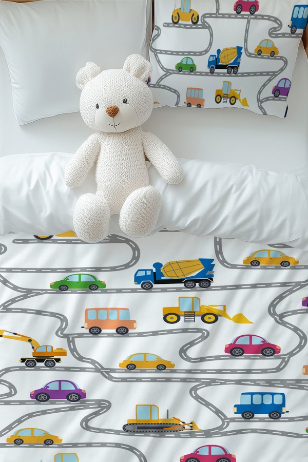 İş Makineleri Trafik Desenli Erkek Çocuk Tek Kişilik Nevresim Takımı Yastık Kılıflı