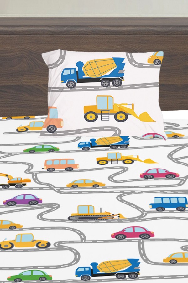 İş Makineleri Trafik Desenli Erkek Çocuk Tek Kişilik Yastıklı Lastikli Çarşaf Takımı 100x200cm