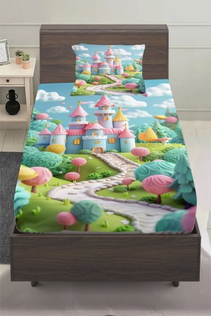 Renkli Şato Desenli Kız Çocuk Tek Kişilik Yastıklı Lastikli Çarşaf Takımı 100x200cm Renkli Şato Desenli Kız Çocuk Tek Kişilik Yastıklı Lastikli Çarşaf Takımı 100x200cm