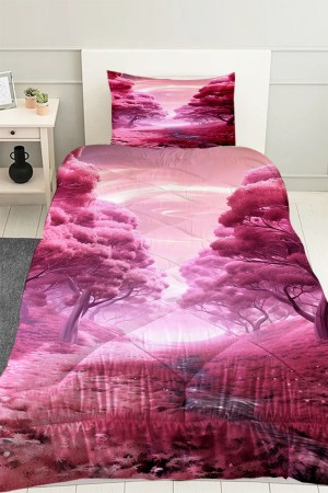 Mor Çiçek Bahçesi Desenli Kıc Çocuk Tek Kişilik Kapitoneli Yorgan Yastık Kılıflı