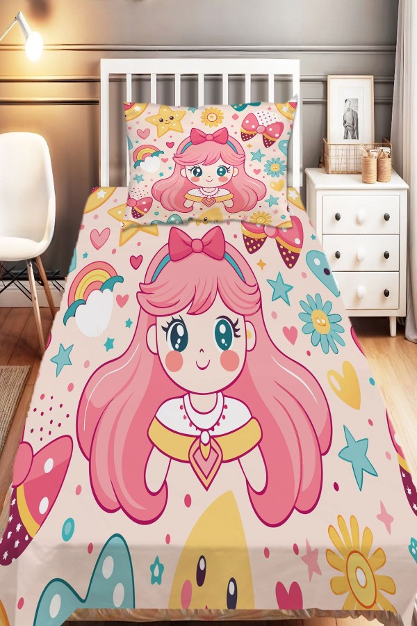 Anime Pembe Prenses Desenli Kız Çocuk Tek Kişilik Dekoratif Yatak Örtüsü Yastık Kılıflı