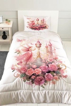 Pembe Perili Çiçekli Desenli Çocuk Tek Kişilik Kapitoneli Yorgan Yastık Kılıflı