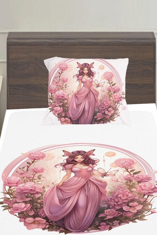Pembe Prenses Perili Desenli Kız Çocuk Tek Kişilik Yastıklı Lastikli Çarşaf Takımı 100x200cm