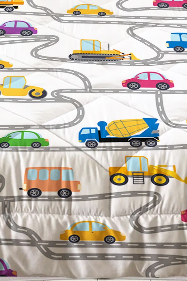 İş Makineleri Trafik Desenli Erkek Çocuk Tek Kişilik Kapitoneli Yorgan Yastık Kılıflı
