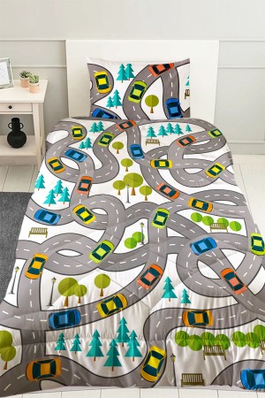 Trafik Araba Yol Desenli Erkek Çocuk Tek Kişilik Kapitoneli Yorgan Yastık Kılıflı