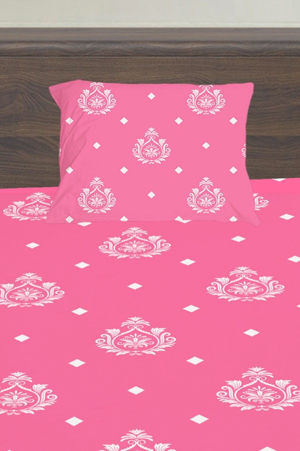 Pembe Beyaz Retro Desenli Kız Çocuk Tek Kişilik Yastıklı Lastikli Çarşaf Takımı 100x200cm