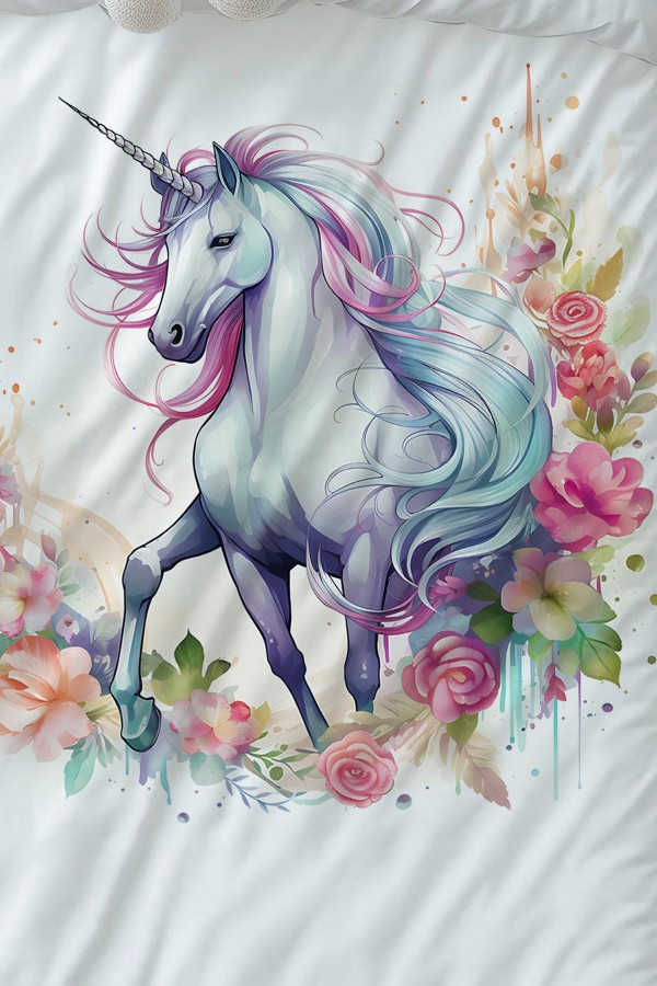 Renkli Çiçekli Unicorn Atlı Desenli Kız Çocuk Tek Kişilik Nevresim Takımı Yastık Kılıflı