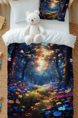 Çiçek Bahçesi Desenli Kız Çocuk Tek Kişilik Nevresim Takımı Yastık Kılıflı