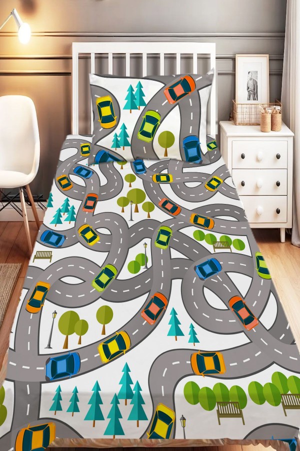 Trafik Araba Yol Desenli Erkek Çocuk Tek Kişilik Dekoratif Yatak Örtüsü Yastık Kılıflı Trafik Araba Yol Desenli Erkek Çocuk Tek Kişilik Dekoratif Yatak Örtüsü Yastık Kılıflı
