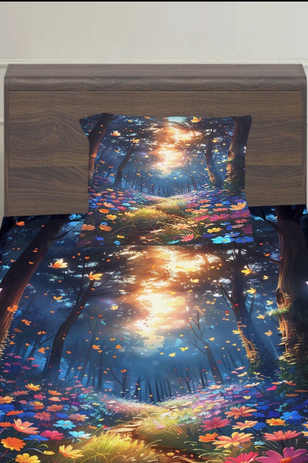 Çiçek Bahçesi Desenli Kız Çocuk Tek Kişilik Yastıklı Lastikli Çarşaf Takımı 100x200cm