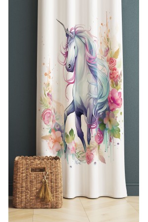 Renkli Çiçekli Unicorn Atlı Desenli Kız Çocuk Odası Fon Perde 140x260cm