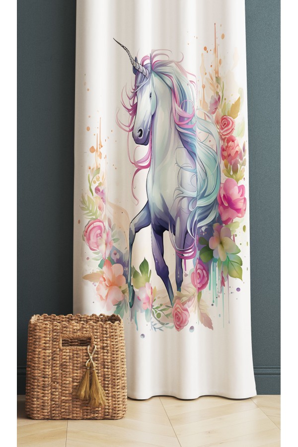 Renkli Çiçekli Unicorn Atlı Desenli Kız Çocuk Odası Fon Perde 140x260cm Renkli Çiçekli Unicorn Atlı Desenli Kız Çocuk Odası Fon Perde 140x260cm