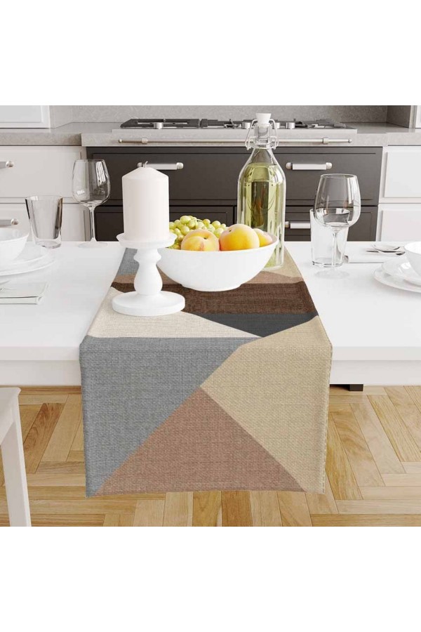 Kahverengi Üçgenler Desenli Baskılı Leke Tutmaz Dertsiz Dekoratif Runner Örtüsü 40x140cm