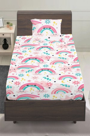 Pembe Gök Kuşaklı Desenli Kız Çocuk Tek Kişilik Yastıklı Lastikli Çarşaf Takımı 100x200cm