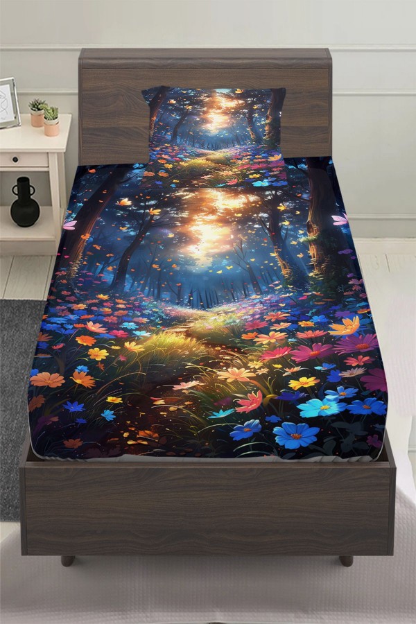 Çiçek Bahçesi Desenli Kız Çocuk Tek Kişilik Yastıklı Lastikli Çarşaf Takımı 100x200cm