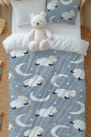 Gri Beyaz Kuzulu Desenli Erkek Çocuk Tek Kişilik Nevresim Takımı Yastık Kılıflı