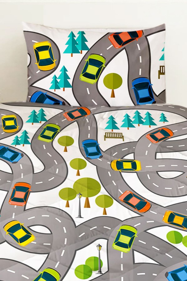 Trafik Araba Yol Desenli Erkek Çocuk Tek Kişilik Kapitoneli Yorgan Yastık Kılıflı Trafik Araba Yol Desenli Erkek Çocuk Tek Kişilik Kapitoneli Yorgan Yastık Kılıflı