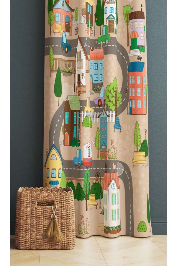 Mahalle Şehir Desenli Erkek Çocuk Odası Fon Perde 140x260cm