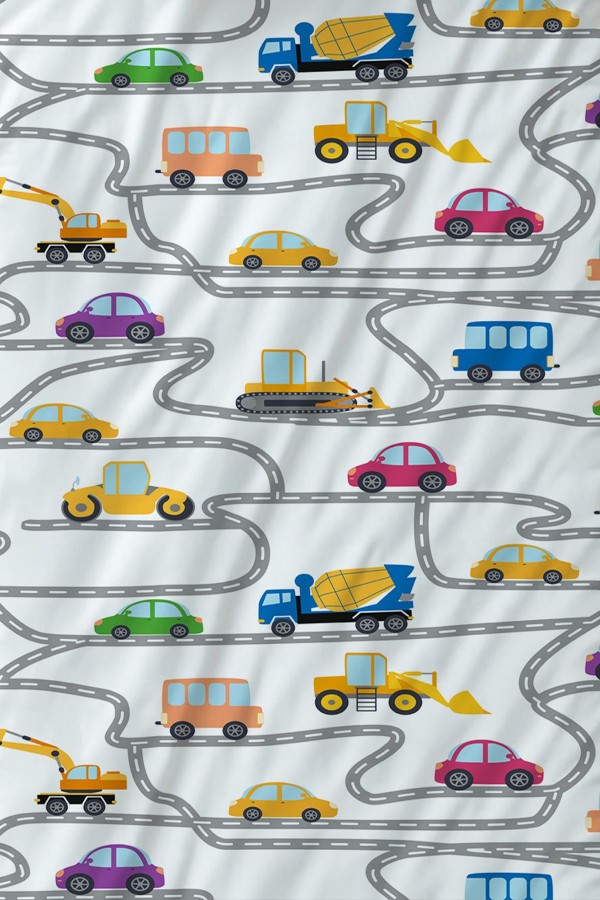 İş Makineleri Trafik Desenli Erkek Çocuk Tek Kişilik Nevresim Takımı Yastık Kılıflı