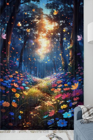 Çiçek Bahçesi Desenli Kız Çocuk Tül Perde Tek Kanat 140x260cm
