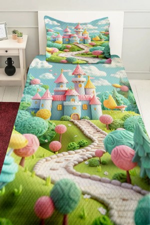 Renkli Şato Desenli Kız Çocuk Tek Kişilik Pike Takımı Kapitoneli Yatak Örtüsü