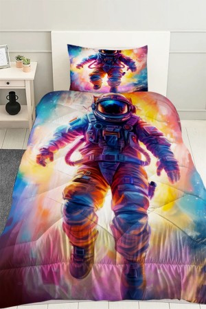 Renkli Astranot Uzay Desenli Çocuk Tek Kişilik Kapitoneli Yorgan Kılıfı Uyku Seti