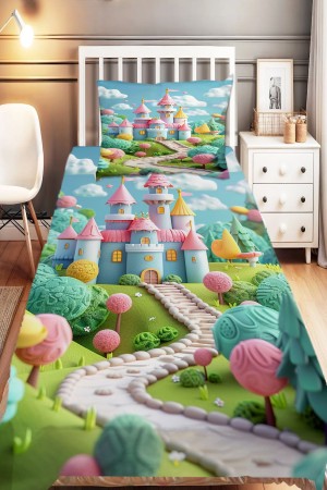 Renkli Şato Desenli Kız Çocuk Tek Kişilik Dekoratif Yatak Örtüsü Yastık Kılıflı