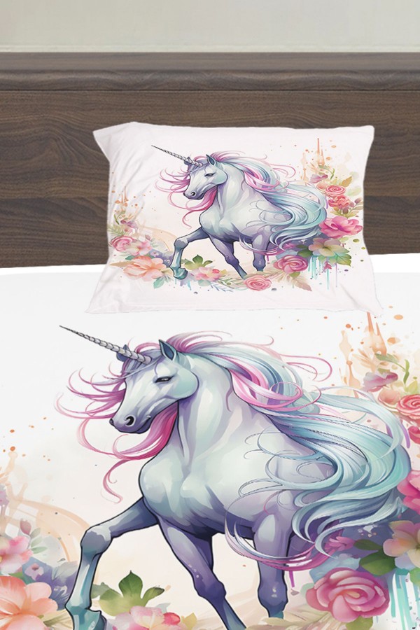 Renkli Çiçekli Unicorn Atlı Desenli Kız Çocuk Tek Kişilik Yastıklı Lastikli Çarşaf Takımı 100x200cm
