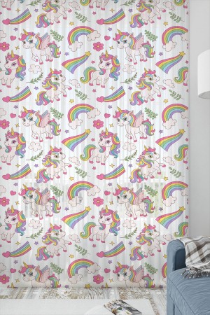 Gökkuşağı Unicorn Atlı Desenli Kız Çocuk Tül Perde Tek Kanat 140x260cm