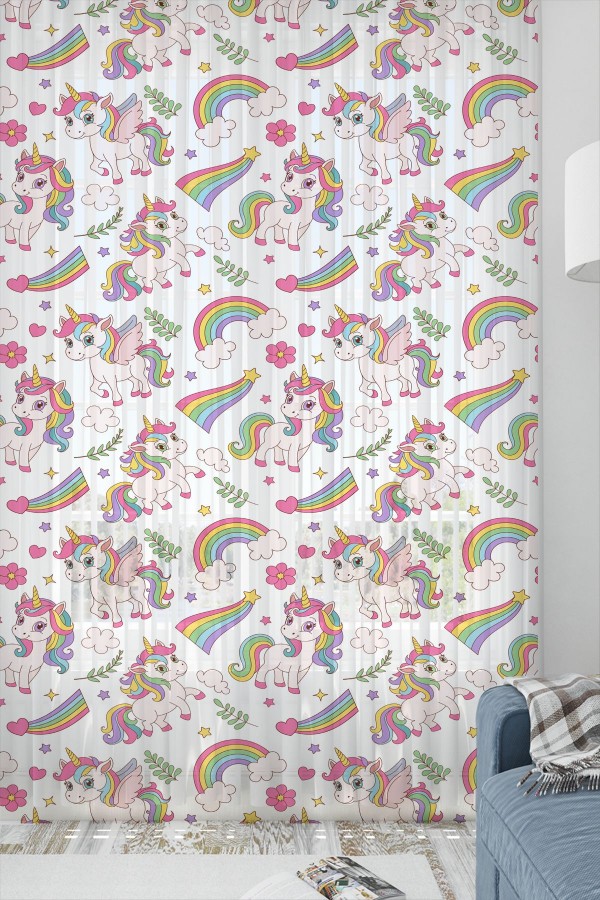 Gökkuşağı Unicorn Atlı Desenli Kız Çocuk Tül Perde Tek Kanat 140x260cm Gökkuşağı Unicorn Atlı Desenli Kız Çocuk Tül Perde Tek Kanat 140x260cm