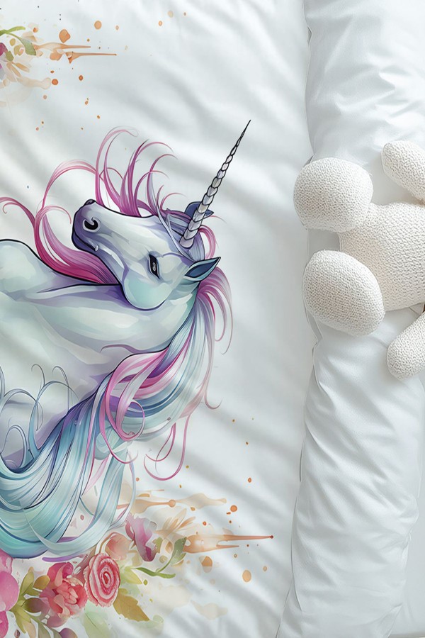 Renkli Çiçekli Unicorn Atlı Desenli Kız Çocuk Tek Kişilik Nevresim Takımı Yastık Kılıflı