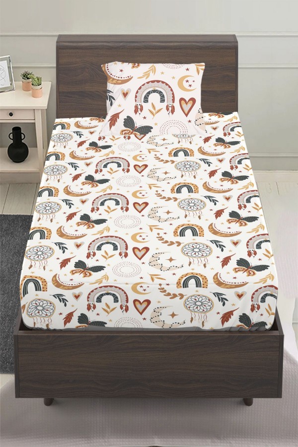 Boho Gökkuşağı Desenli Kız Çocuk Tek Kişilik Yastıklı Lastikli Çarşaf Takımı 100x200cm