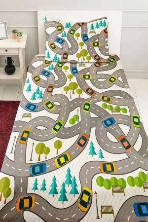 Trafik Araba Yol Desenli Erkek Çocuk Tek Kişilik Pike Takımı Kapitoneli Yatak Örtüsü