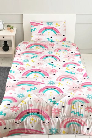 Pembe Gök Kuşaklı Desenli Kız Çocuk Tek Kişilik Kapitoneli Yorgan Yastık Kılıflı