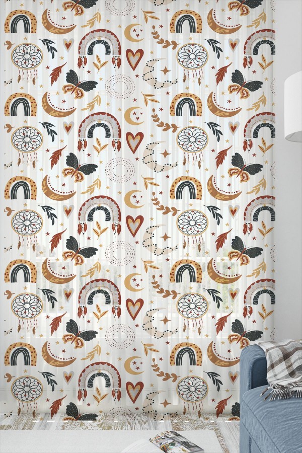 Boho Gökkuşağı Desenli Kız Çocuk Tül Perde Tek Kanat 140x260cm Boho Gökkuşağı Desenli Kız Çocuk Tül Perde Tek Kanat 140x260cm