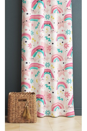 Pembe Gök Kuşaklı Desenli Kız Çocuk Odası Fon Perde 140x260cm