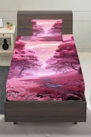 Mor Çiçek Bahçesi Desenli Kıc Çocuk Tek Kişilik Yastıklı Lastikli Çarşaf Takımı 100x200cm