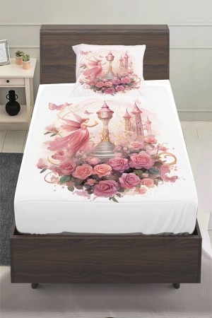 Pembe Perili Çiçekli Desenli Çocuk Tek Kişilik Yastıklı Lastikli Çarşaf Takımı 100x200cm