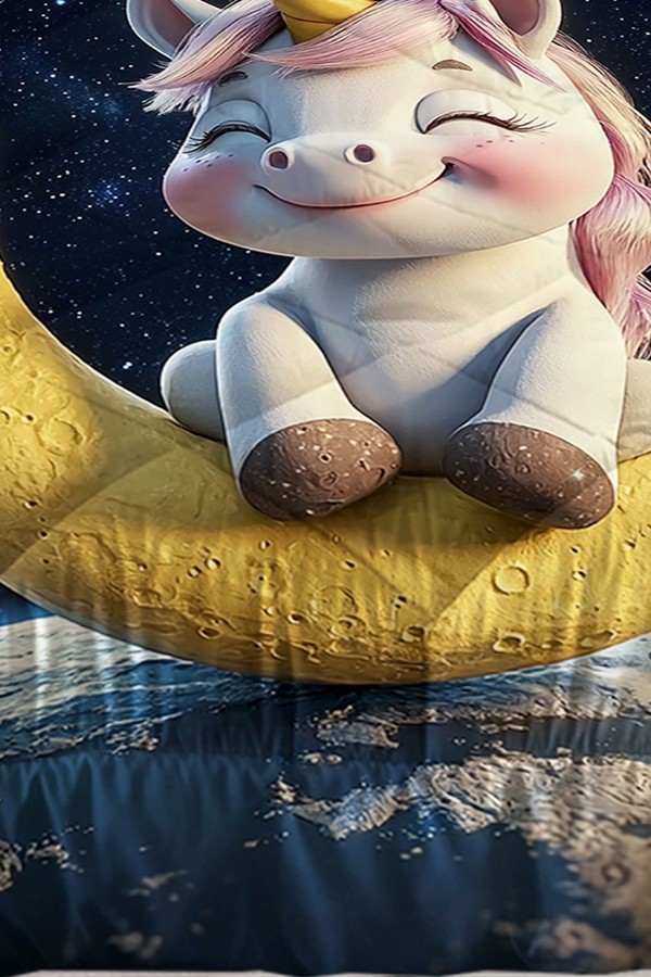 Ayda Oturan Unicorn Desenli Kız Çocuk Tek Kişilik Kapitoneli Yorgan Yastık Kılıflı Ayda Oturan Unicorn Desenli Kız Çocuk Tek Kişilik Kapitoneli Yorgan Yastık Kılıflı