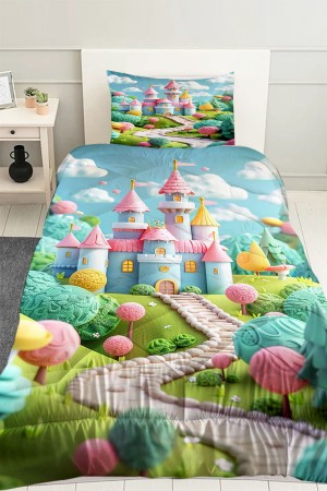 Renkli Şato Desenli Kız Çocuk Tek Kişilik Kapitoneli Yorgan Yastık Kılıflı