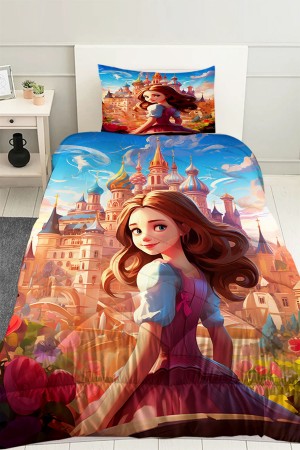 Prenses Şatalu Desenli Kız Çocuk Tek Kişilik Kapitoneli Yorgan Yastık Kılıflı