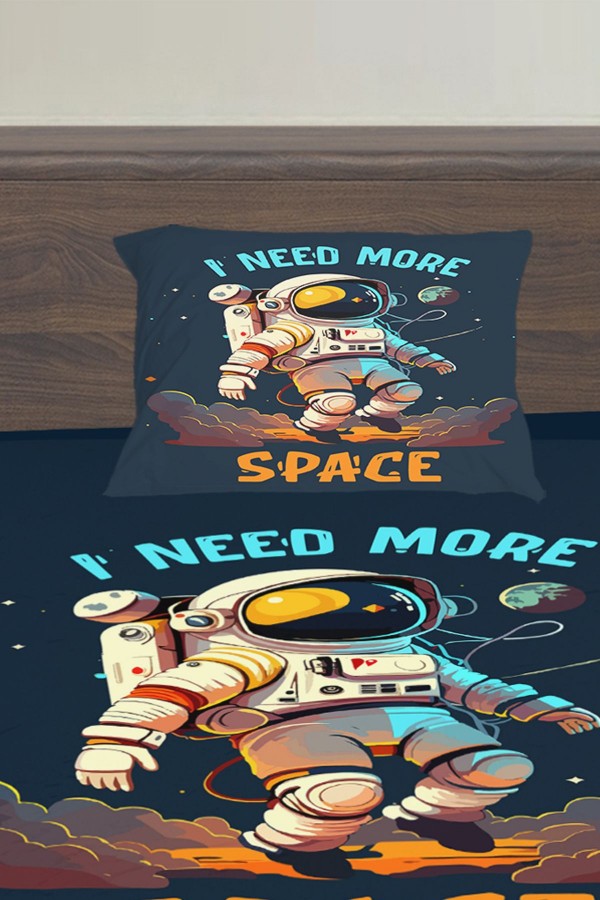 Mavi Astronot Desenli Erkek Çocuk Tek Kişilik Yastıklı Lastikli Çarşaf Takımı 100x200cm