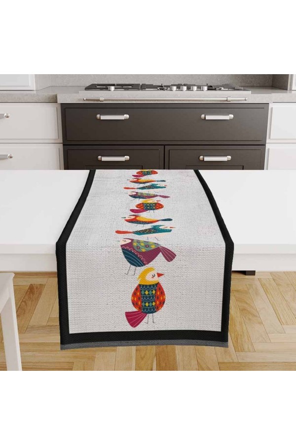 Renkli Kuşlar BeyazDesenli Baskılı Leke Tutmaz Dertsiz Dekoratif Runner Örtüsü 40x140cm