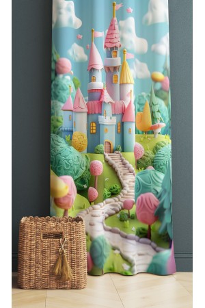 Renkli Şato Desenli Kız Çocuk Odası Fon Perde 140x260cm Renkli Şato Desenli Kız Çocuk Odası Fon Perde 140x260cm