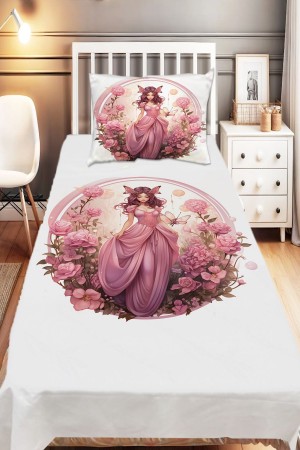 Pembe Prenses Perili Desenli Kız Çocuk Tek Kişilik Dekoratif Yatak Örtüsü Yastık Kılıflı
