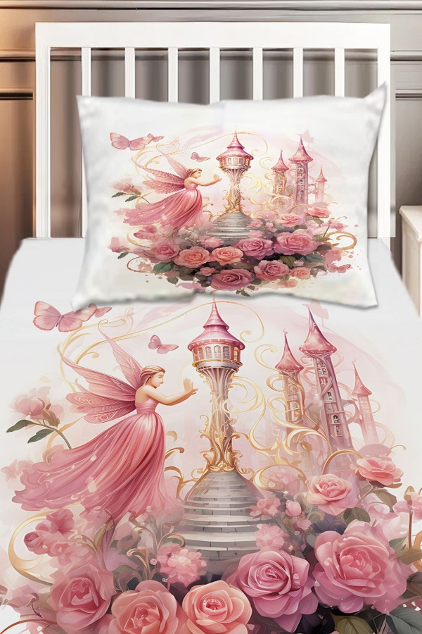 Pembe Perili Çiçekli Desenli Çocuk Tek Kişilik Dekoratif Yatak Örtüsü Yastık Kılıflı
