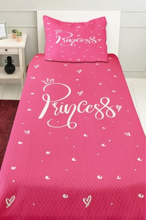 Pembe Beyaz Prenses Yazılı Desenli Kız Çocuk Tek Kişilik Pike Takımı Kapitoneli Yatak Örtüsü