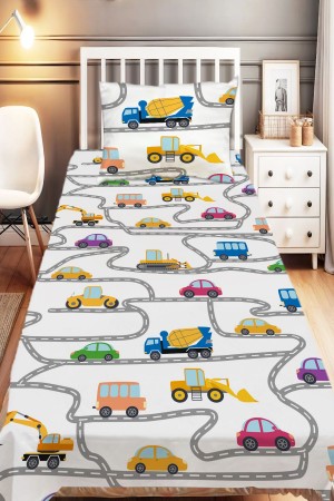 İş Makineleri Trafik Desenli Erkek Çocuk Tek Kişilik Dekoratif Yatak Örtüsü Yastık Kılıflı