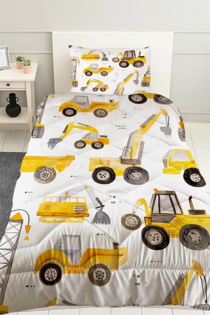 Sarı İş Makineleri Desenli Erkek Çocuk Tek Kişilik Kapitoneli Yorgan Kılıfı Uyku Seti