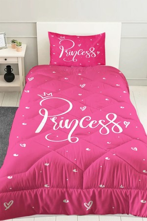 Pembe Beyaz Prenses Yazılı Desenli Kız Çocuk Tek Kişilik Kapitoneli Yorgan Yastık Kılıflı